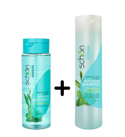 پک دوتایی شامپو مو و شامپو بدن چای سبز و نعناع 800 میلی لیتر Schon Pack Of Green Tea and Mint Hair Shampoo and Body Wash 800ml