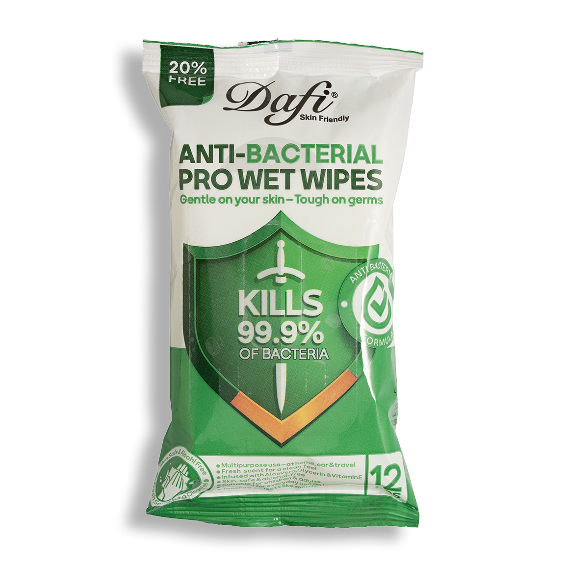 دستمال مرطوب پاک کننده آنتی باکتریال سبز بسته 12 عددی Dafi Anti Bacterial Wet Wipes 12pcs