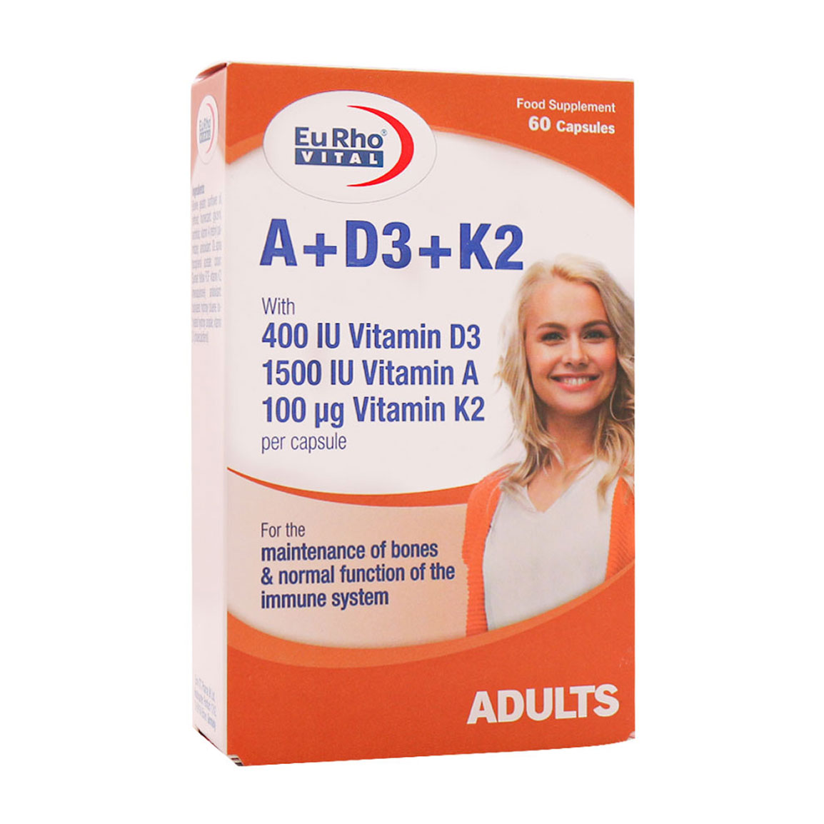ویتامین آ و د3 و کا2 بسته 60 عددی Eurhovital Vitamin A And D3 And K2  60 Caps