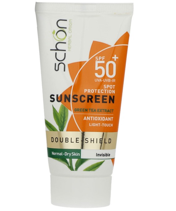 کرم ضد آفتاب دابل شیلد اس پی اف +50 چای سبز مناسب پوست نرمال تا خشک بدون رنگ 50میل Schon Spf50 Double Shield Normal to Dry Sunscreen Cream  50ml
