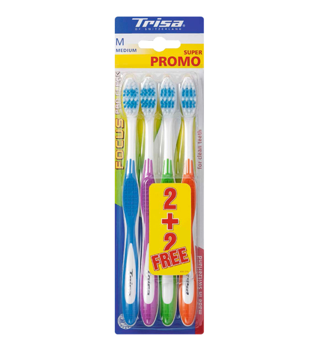 مسواک فوکوس پروکلین M بسته 4 عددی ارسال با رنگ رندوم Trisa Tooth Brush