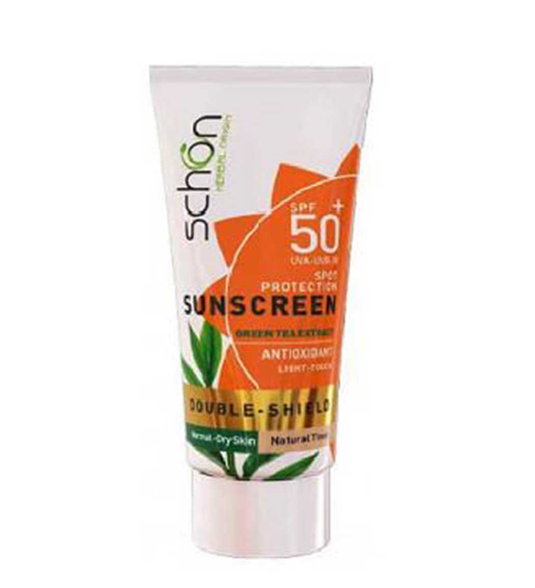 کرم ضد آفتاب دابل شیلد اس پی اف +50 چای سبز رنگی 50میل Schon Sunscreen Cream SPF50+ Tinted 50ml