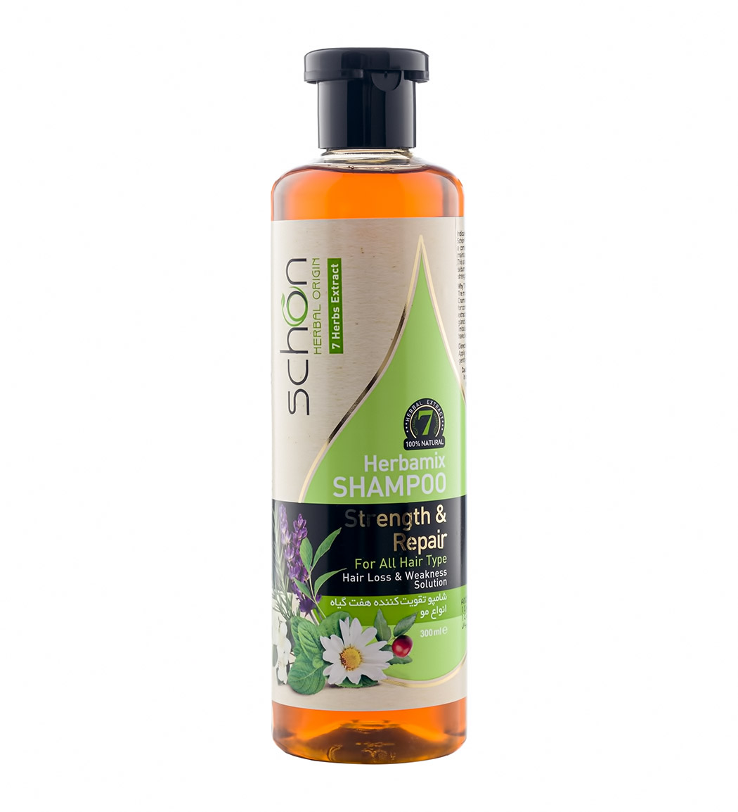 شامپو تقویت کننده با عصاره 7 گیاه مناسب انواع مو 300میل Schon Herbamix Shampoo 300ml