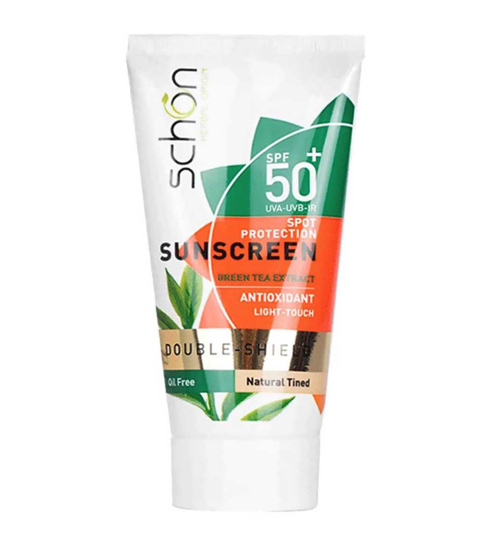 کرم ضد آفتاب دابل شیلد اس پی اف +50 چای سبز فاقد چربی رنگی 50میل Schon Sunscreen Cream SPF50+ Oil Free Tinted 50ml