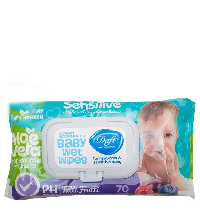 دستمال مرطوب کودک آلوئه ورا درب دار 70برگی Dafi Sensitive Wips baby