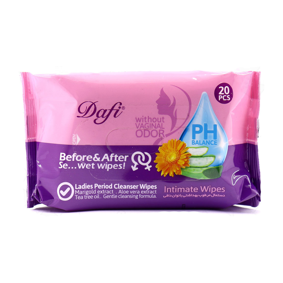 دستمال مرطوب بهداشتی بانوان بسته 20 عددی Dafi Ladies Period Cleanser Wet Wipes 20pcs