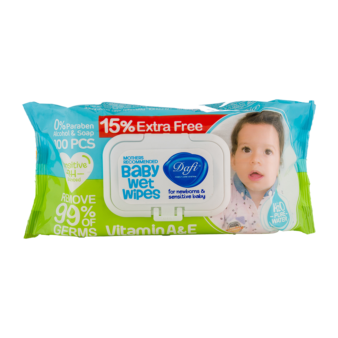 دستمال مرطوب کودک حاوی ویتامین آ و ای بسته 100 عددی Dafi Baby Wet Wips Vitamin A And E 100pcs