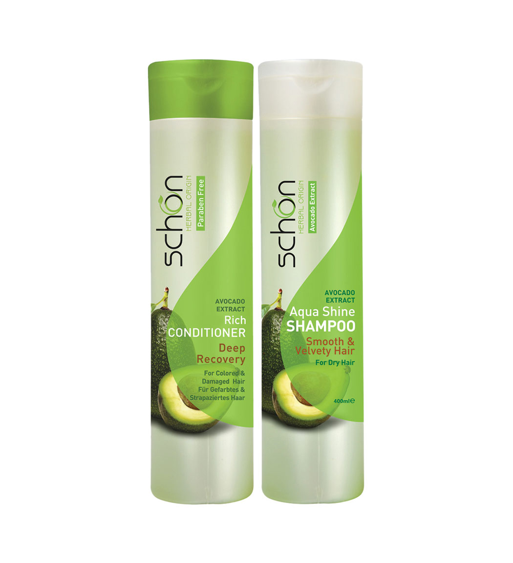 پک دوتایی شامپو و نرم کننده مو آووکادو 800 میل Schon Pack Of Avocado Shampoo and Conditioner 800ml
