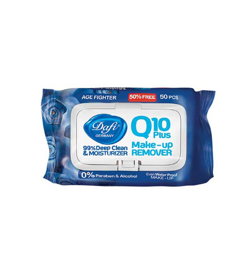 دستمال مرطوب پاک کننده آرایش ضد پیری حاوی Q10 و عصاره بلوبری 50 عددی Dafi blueberry Make Up Remover Wet Wipes 50pcs
