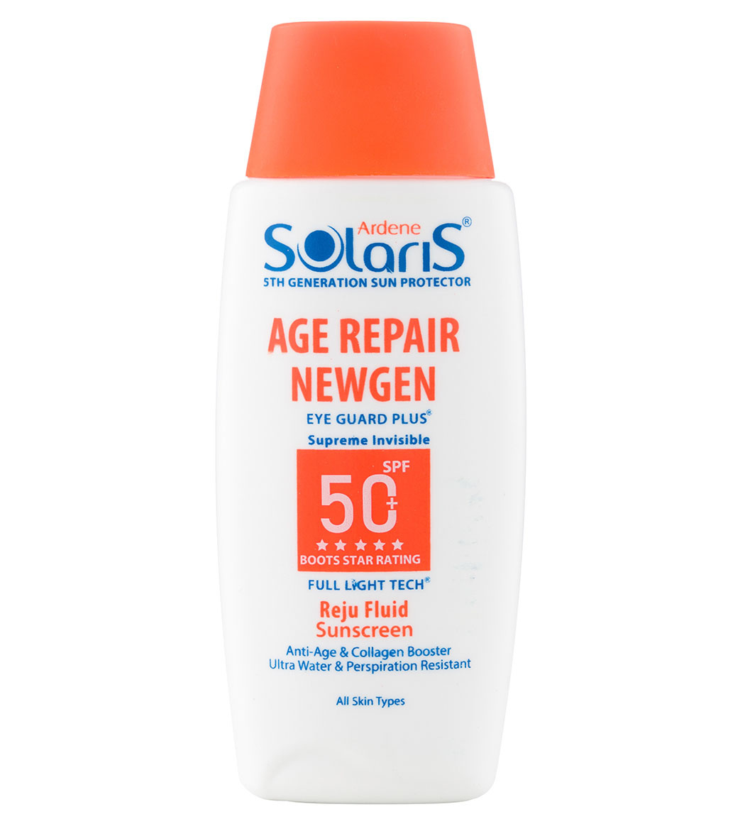 فلوئید ضد آفتاب دارای SPF 50 مناسب پوست دارای چروک سطحی بی رنگ حجم 100 میل Ardene Solaris Age Repair Anti Sun And Anti Wrinkle Spf 50 Fluid