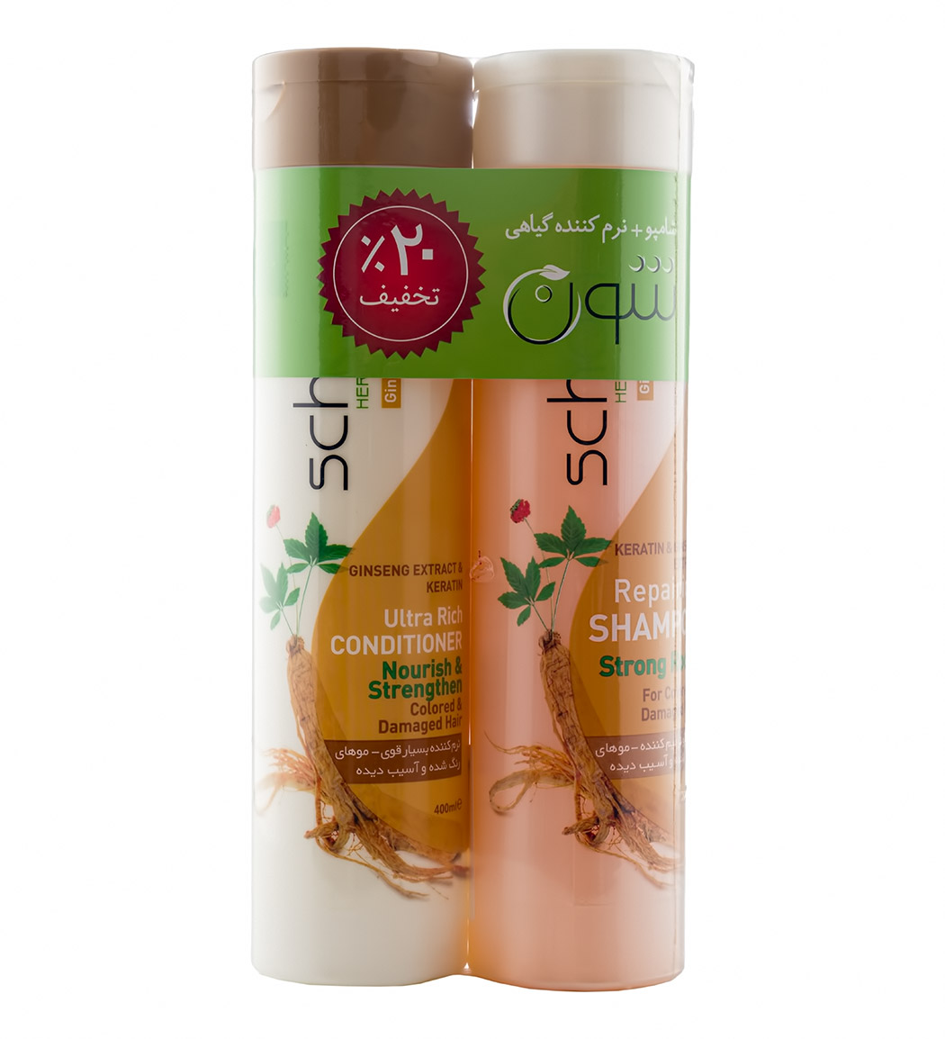 پک دوتایی شامپو و نرم کننده مو ترمیم کننده جینسینگ و کراتین 800 میلی لیتر Schon Pack Of Keratin And Ginseng Shampoo And Conditioner 800ml