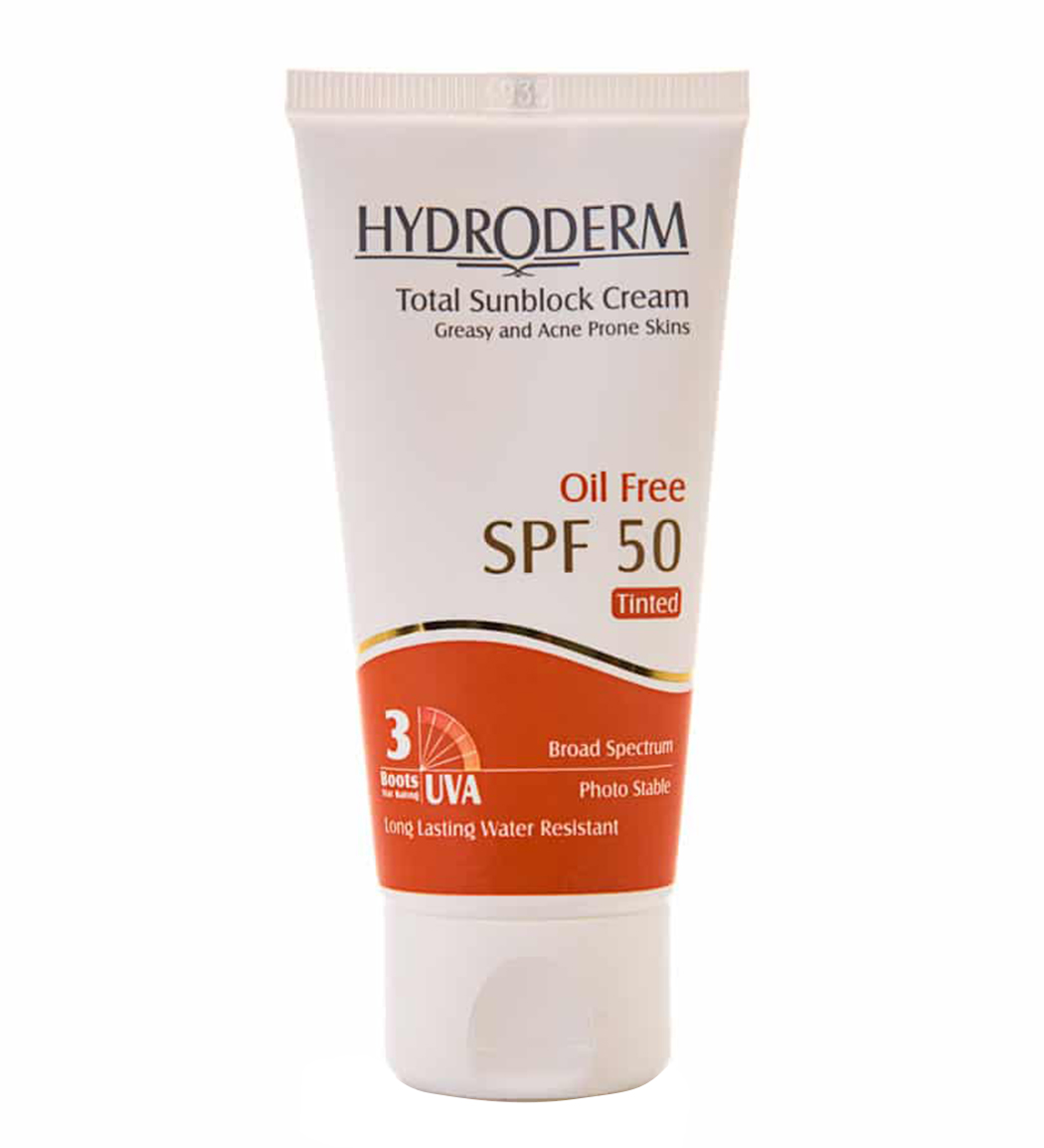 کرم ضد آفتاب بژ متوسط فاقد چربی اس  پی اف 50 hydroderm spf 50 tinted oil free total sunblock cream