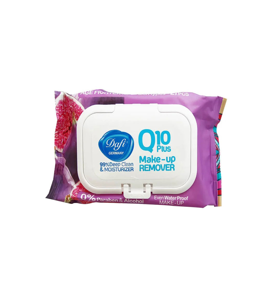 دستمال پاک کننده آرایشی مدل Q10 plus ضد پیری انجیر بسته 50عددی Dafi Q10 Plus Makeup Remover Wipes 50pcs