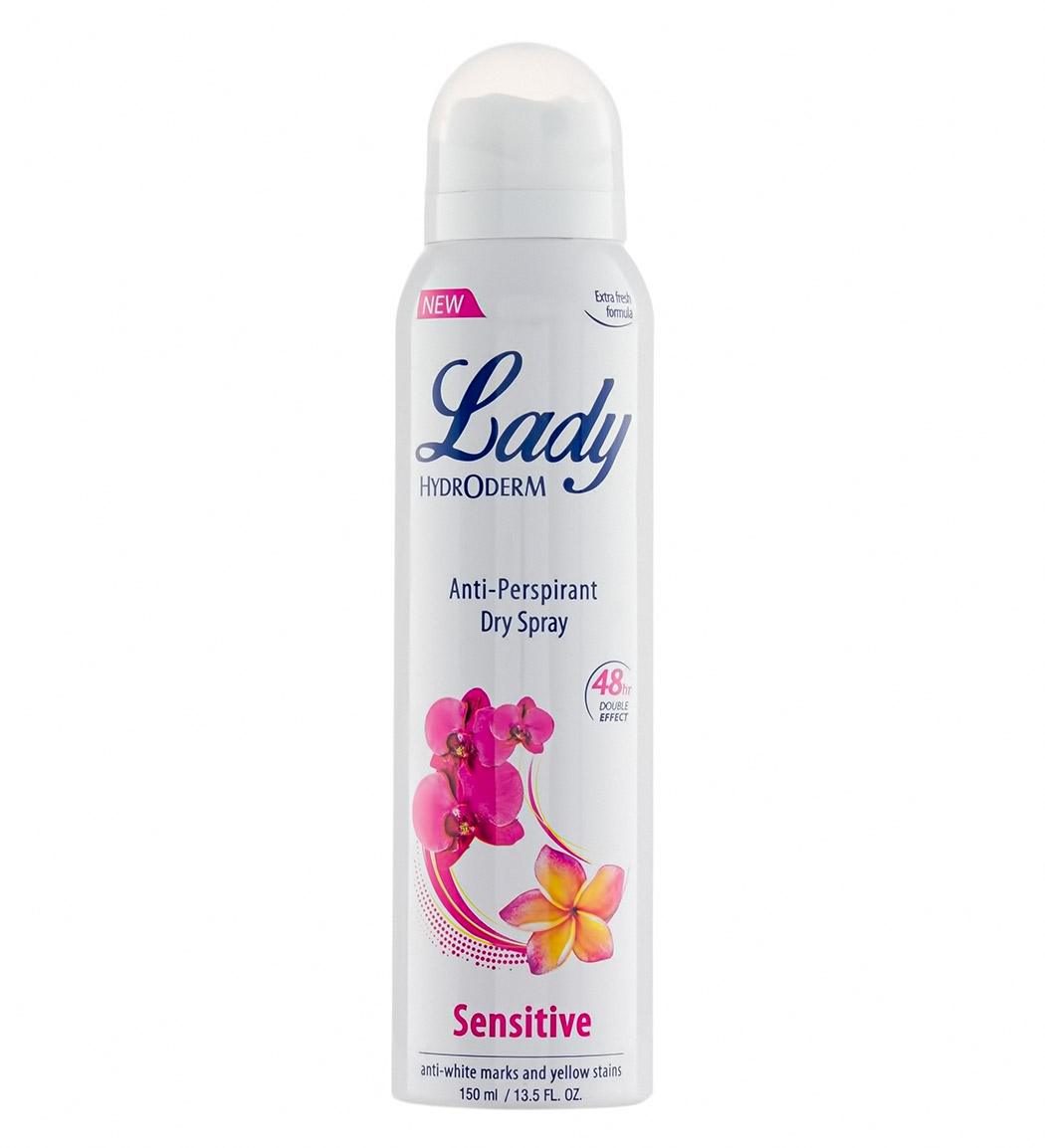 اسپری دئودورانت و ضد تعریق بانوان Lady کاهش دهنده حساسیت ناحیه زیر بغل 150میل Hydroderm Lady Deodorant Dry Spray For Sensitive Skin 150ml