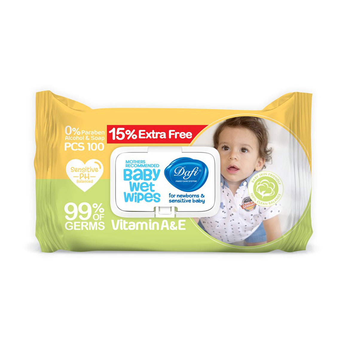 دستمال مرطوب کودک بسته 100 عددی Dafi Vitamin A And E Wet Wipes For Sensitive Baby Skin 100 Pcs